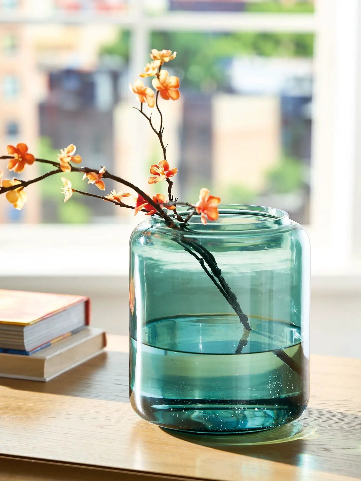 Inisland Vase teal glass with orange blossom branch Unique Piece Furniture vase on Tampa Home & Garden Store