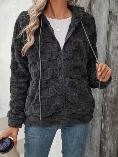 Stevvex dark gray women's checkered fuzzy zip-up jacket with drawstring hood on Tampa Home & Garden Store