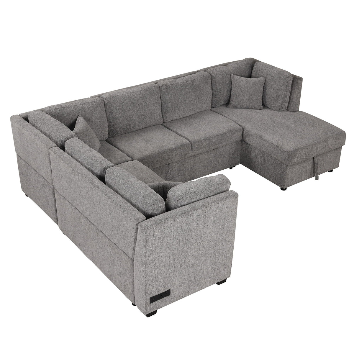 U-shaped sleeper sectional sofa in gray with storage chaise, USB ports, and power sockets on Tampa Home & Garden Store