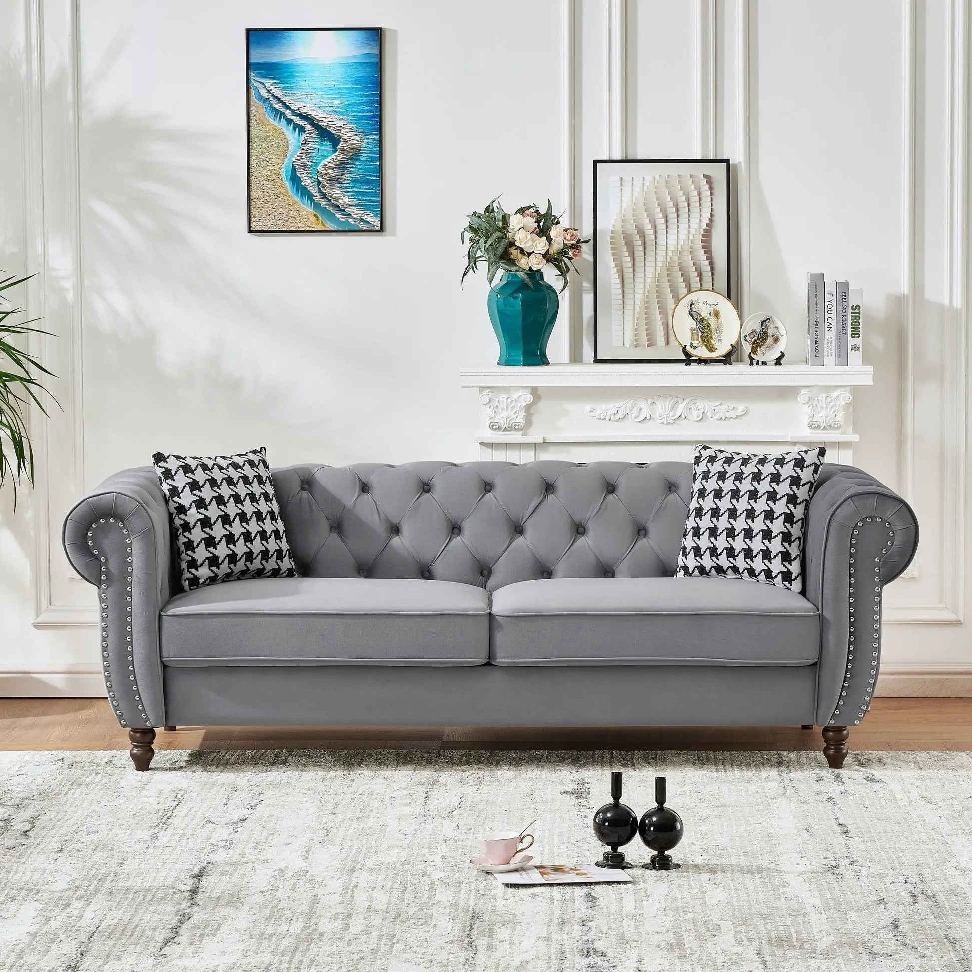 Chesterfield Upholstery Fabric Sofa with Roll Armrest & Nailhead, gray tufted stationary sofa on Tampa Home & Garden Store