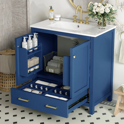 Blue bathroom vanity with undermount sink, white countertop, solid wood frame, gold hardware on Tampa Home & Garden Store