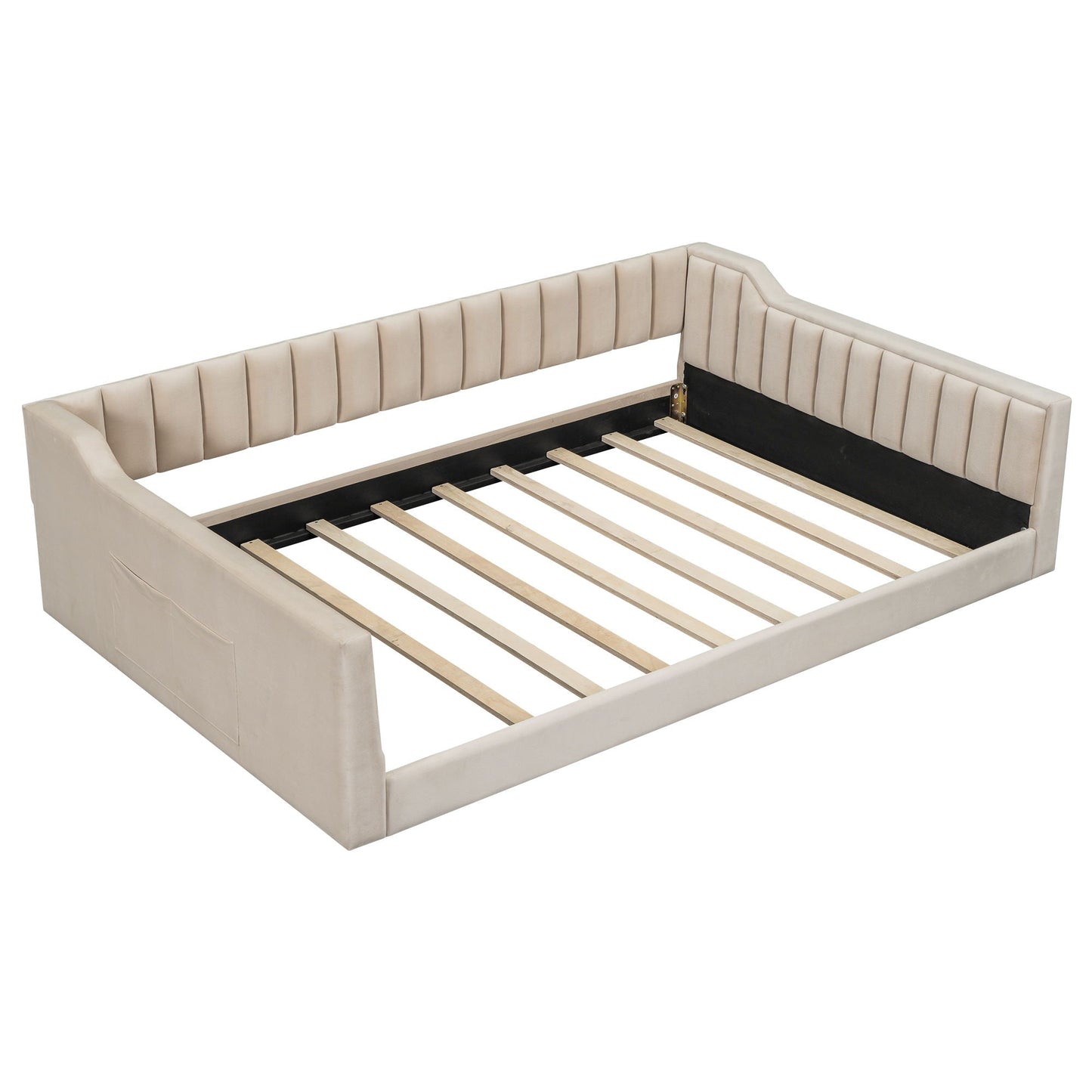 Daybed with side storage pocket, beige upholstered frame with vertical channel tufting on Tampa Home & Garden Store