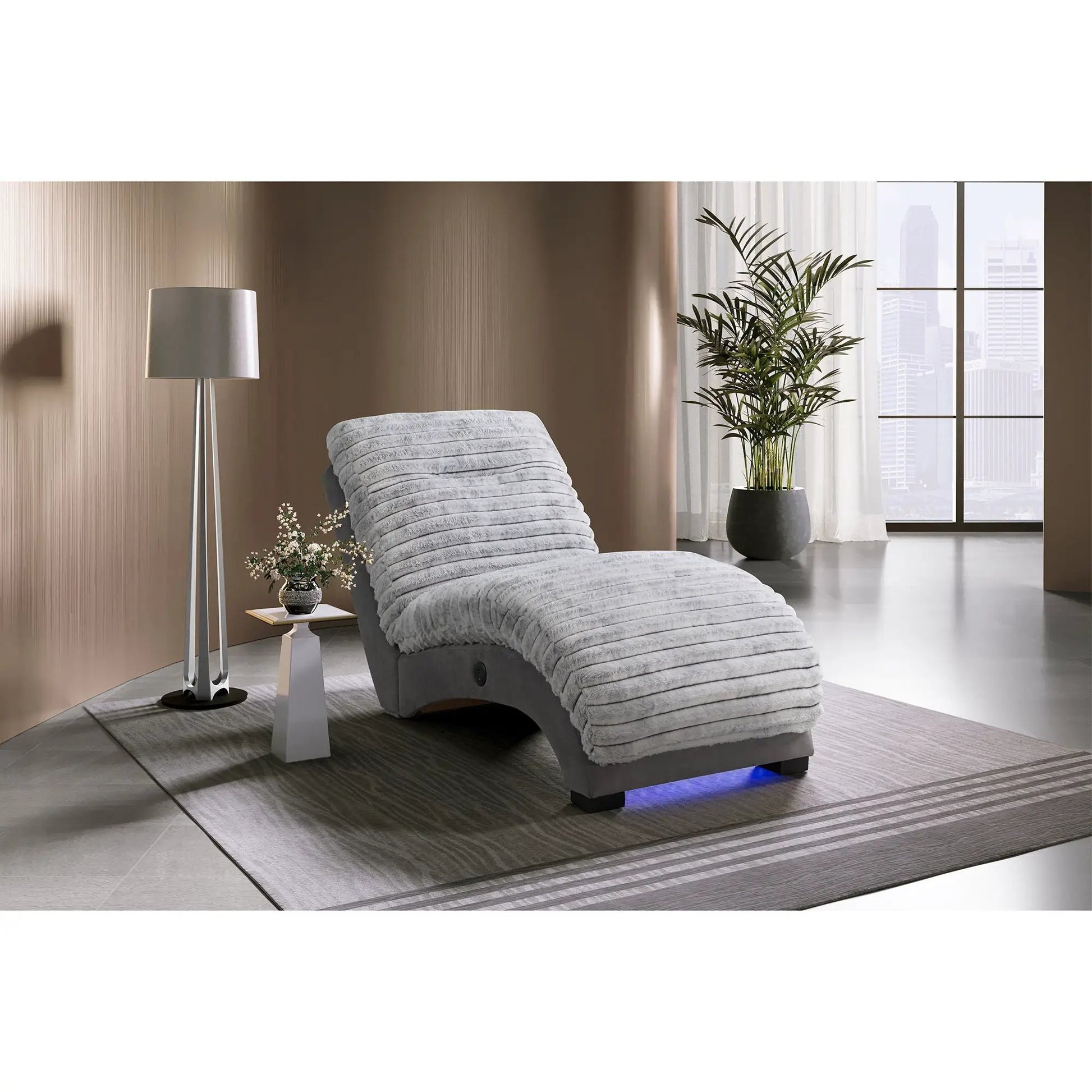Denise accent chaise with USB support in light gray plush fabric by Unique Piece Furniture on Tampa Home & Garden Store