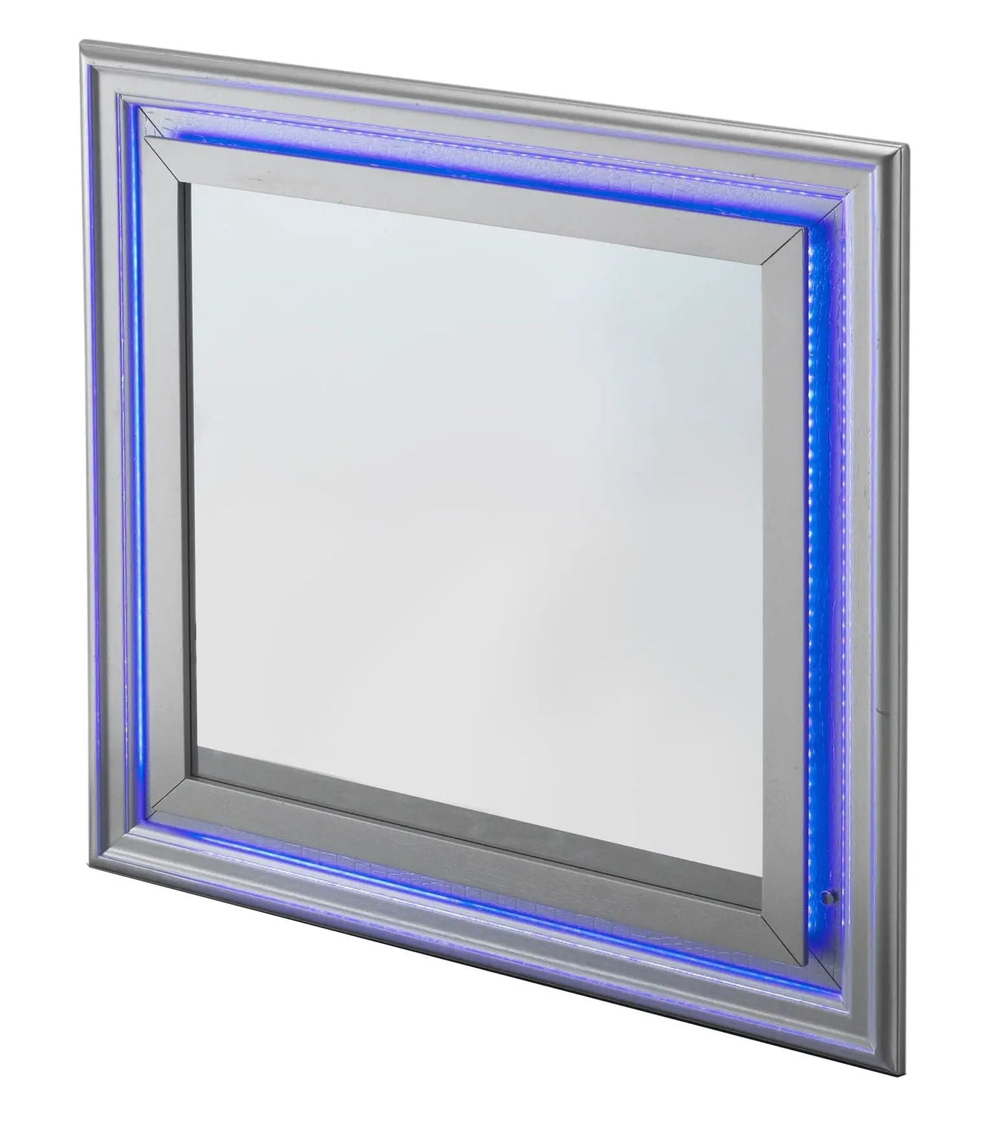 Lorana LED Mirror, silver frame with blue LED edge lighting, Unique Piece Furniture on Tampa Home & Garden Store