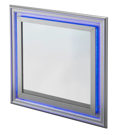 Lorana LED Mirror, silver frame with blue LED edge lighting, Unique Piece Furniture on Tampa Home & Garden Store