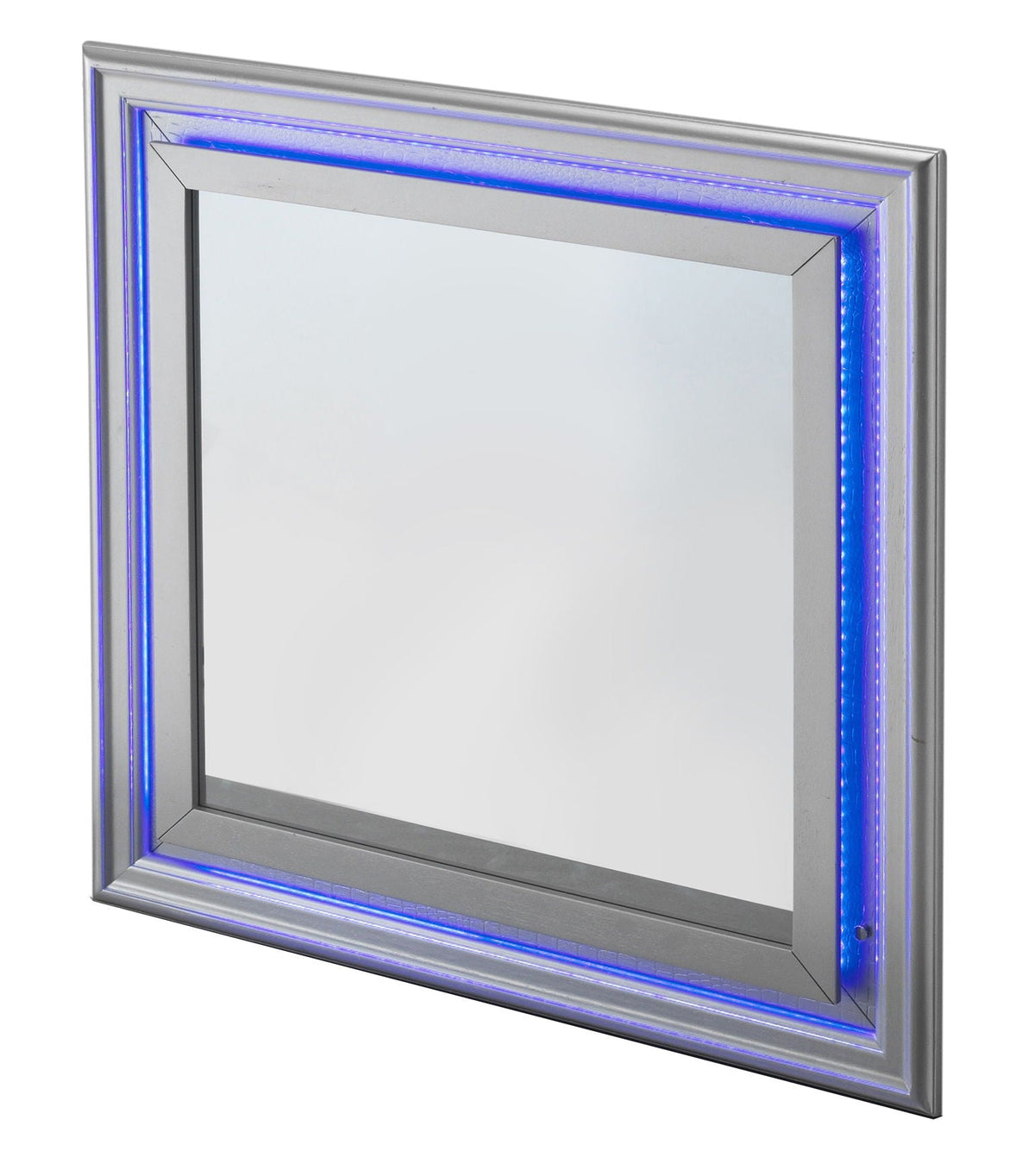 Mirror Elegant Transitional LED Mirror with Croc Textured Frame in Pearl Silver, blue LED trim HouseOfZazla on Tampa Home & Garden Store