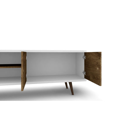Liberty TV Stand by HouseOfZazla with brown wood doors, white cabinet, hidden storage, splayed legs on Tampa Home & Garden Store