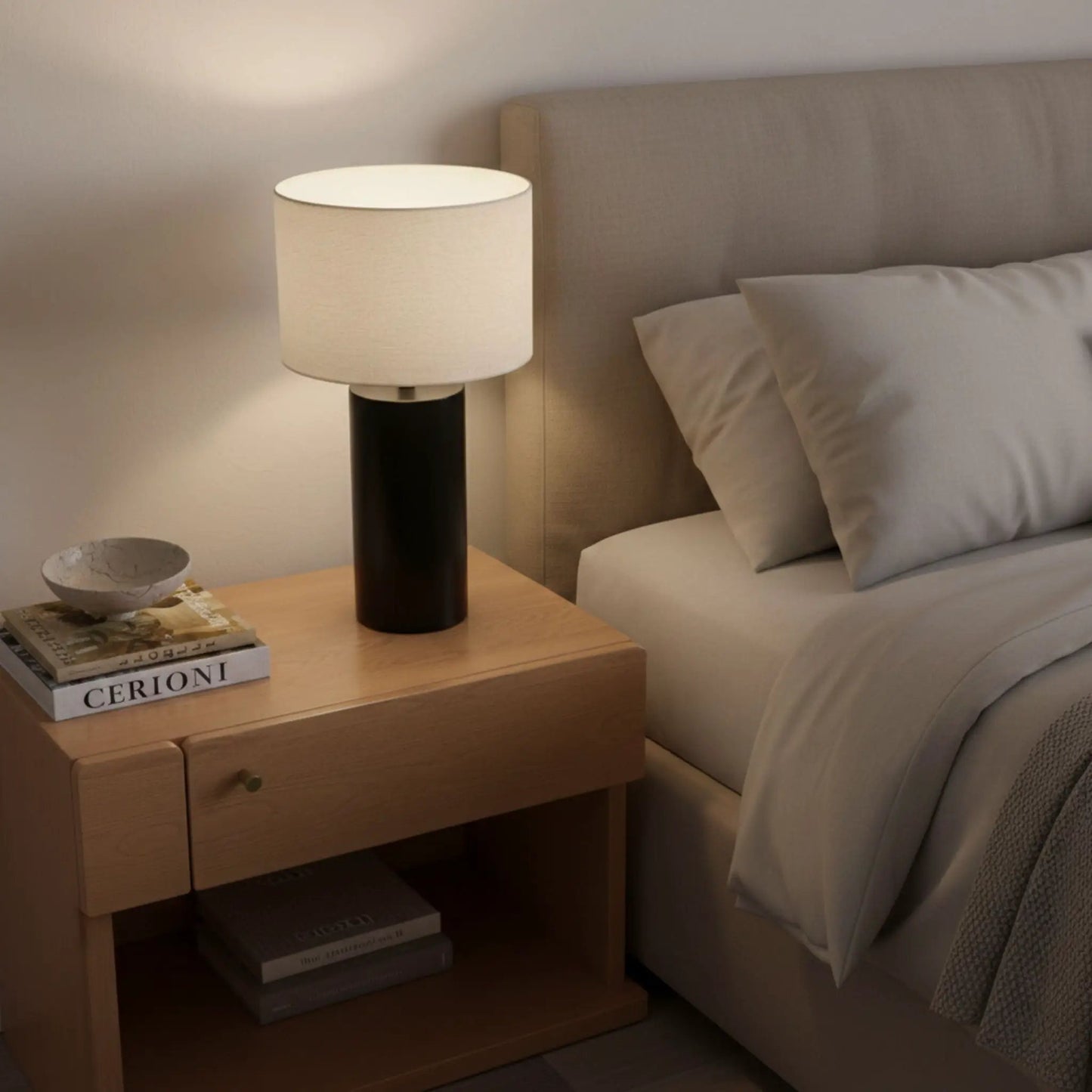 Aura table lamp with on/off switch, black block base and white fabric shade on nightstand on Tampa Home & Garden Store