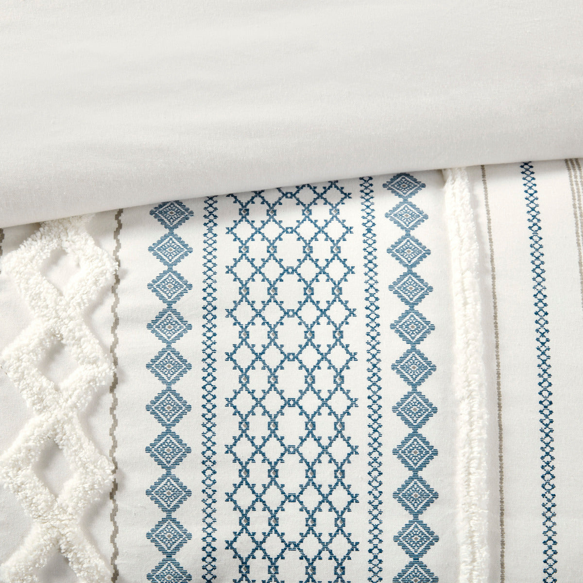 King size cotton duvet cover set with blue Aztec pattern and chenille trim by HouseOfZazla on Tampa Home & Garden Store