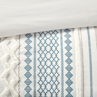 King size cotton duvet cover set with blue Aztec pattern and chenille trim by HouseOfZazla on Tampa Home & Garden Store