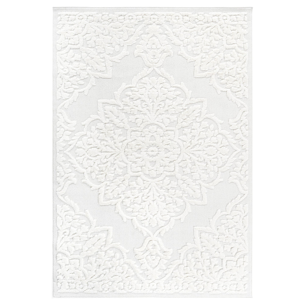 Cream medallion area rug with high-low pile, 6 ft 7 in x 9 ft, HouseOfZazla on Tampa Home & Garden Store