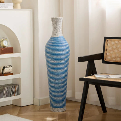 Classic And Neat Floor Vase tall blue striped ceramic with textured neck on Tampa Home & Garden Store