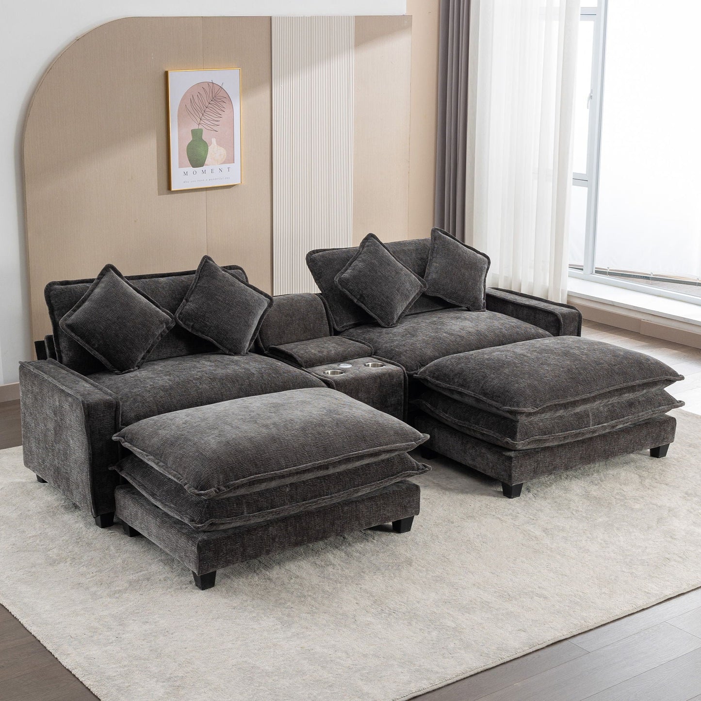 3-Piece sectional sofa with removable ottomans and USB ports in HouseOfZazla charcoal fabric on Tampa Home & Garden Store