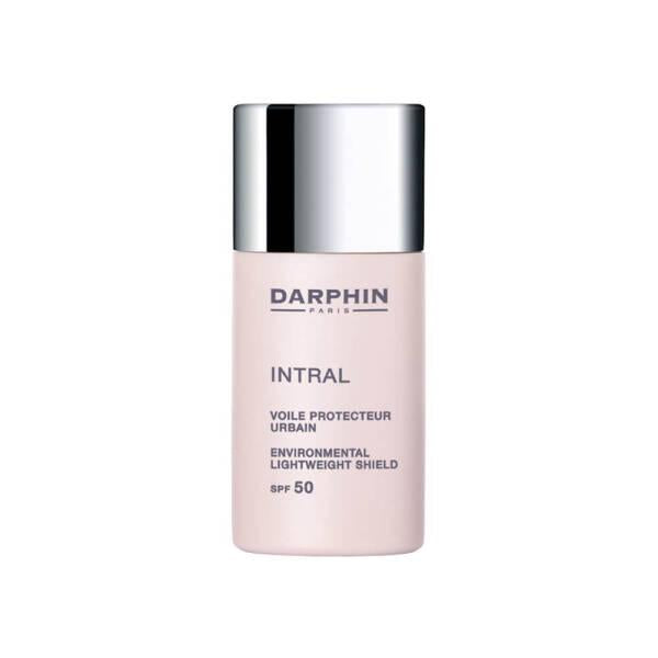 Darphin Intral Environmental Lightweight Shield SPF50 sunscreen bottle, pink with silver cap on Tampa Home & Garden Store