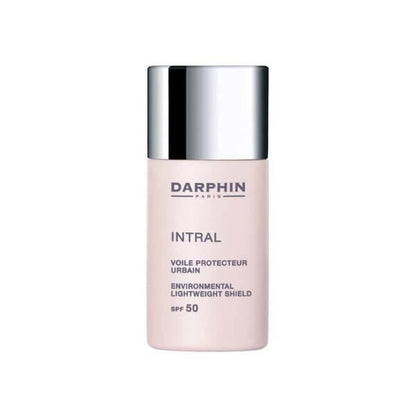 Darphin Intral Environmental Lightweight Shield SPF50 sunscreen bottle, pink with silver cap on Tampa Home & Garden Store