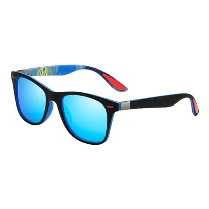 Polarized square sunglasses by BikerZoneZ with blue mirrored UV400 lenses and black frame on Tampa Home & Garden Store
