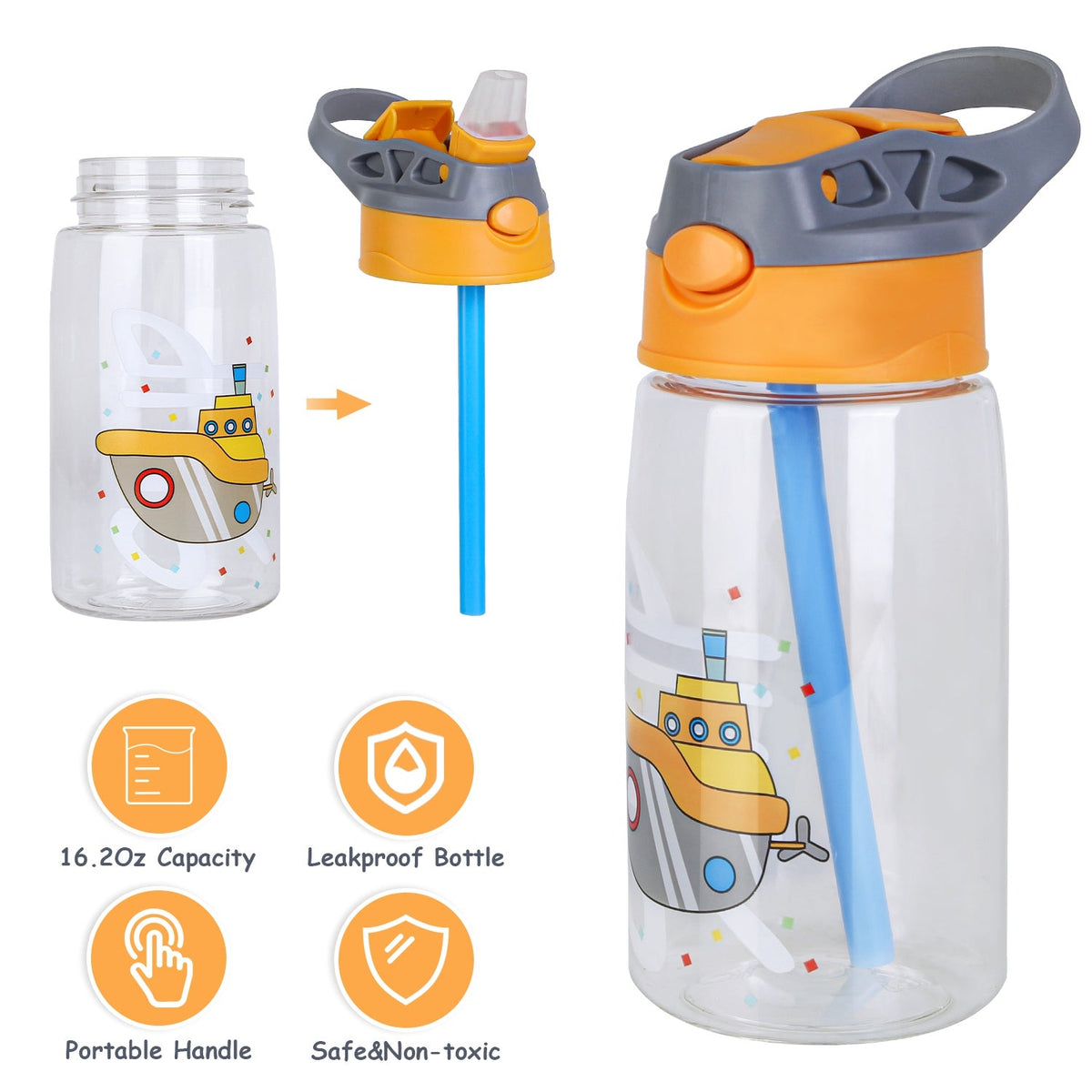 Kids water bottle GemGear 16.2oz leak-proof with straw push-button lid orange gray ship on Tampa Home & Garden Store