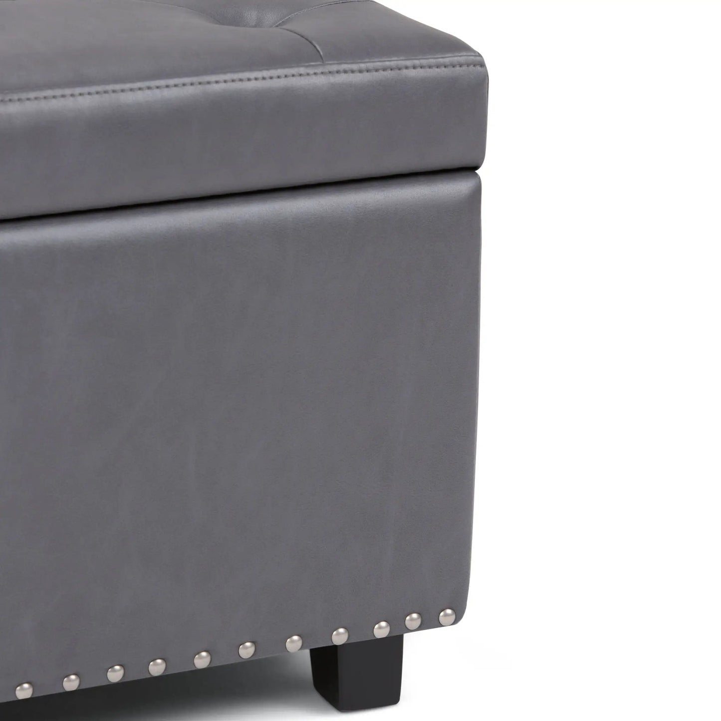 Hamilton Upholstered Storage Ottoman gray leather with nailhead border and dark wood legs on Tampa Home & Garden Store