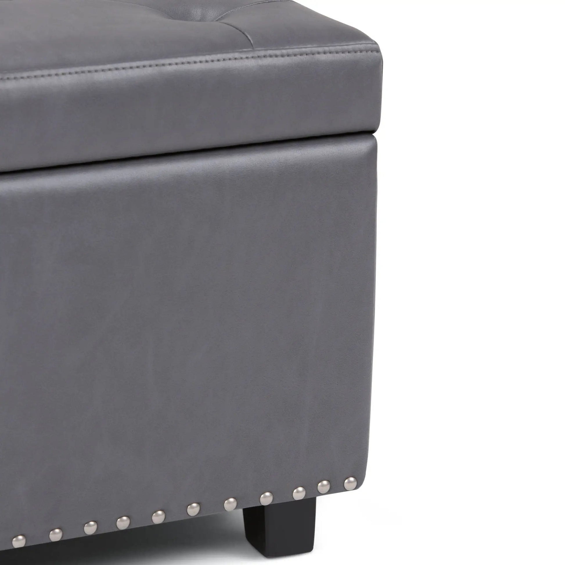 Hamilton Upholstered Storage Ottoman gray leather with nailhead border and dark wood legs on Tampa Home & Garden Store