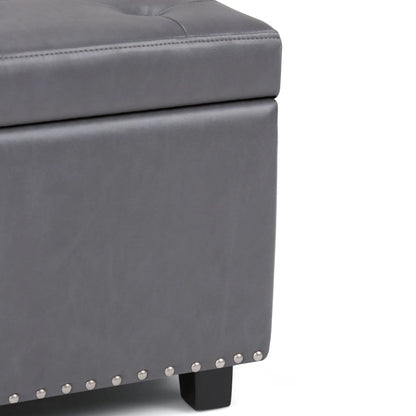 Hamilton Upholstered Storage Ottoman gray leather with nailhead border and dark wood legs on Tampa Home & Garden Store
