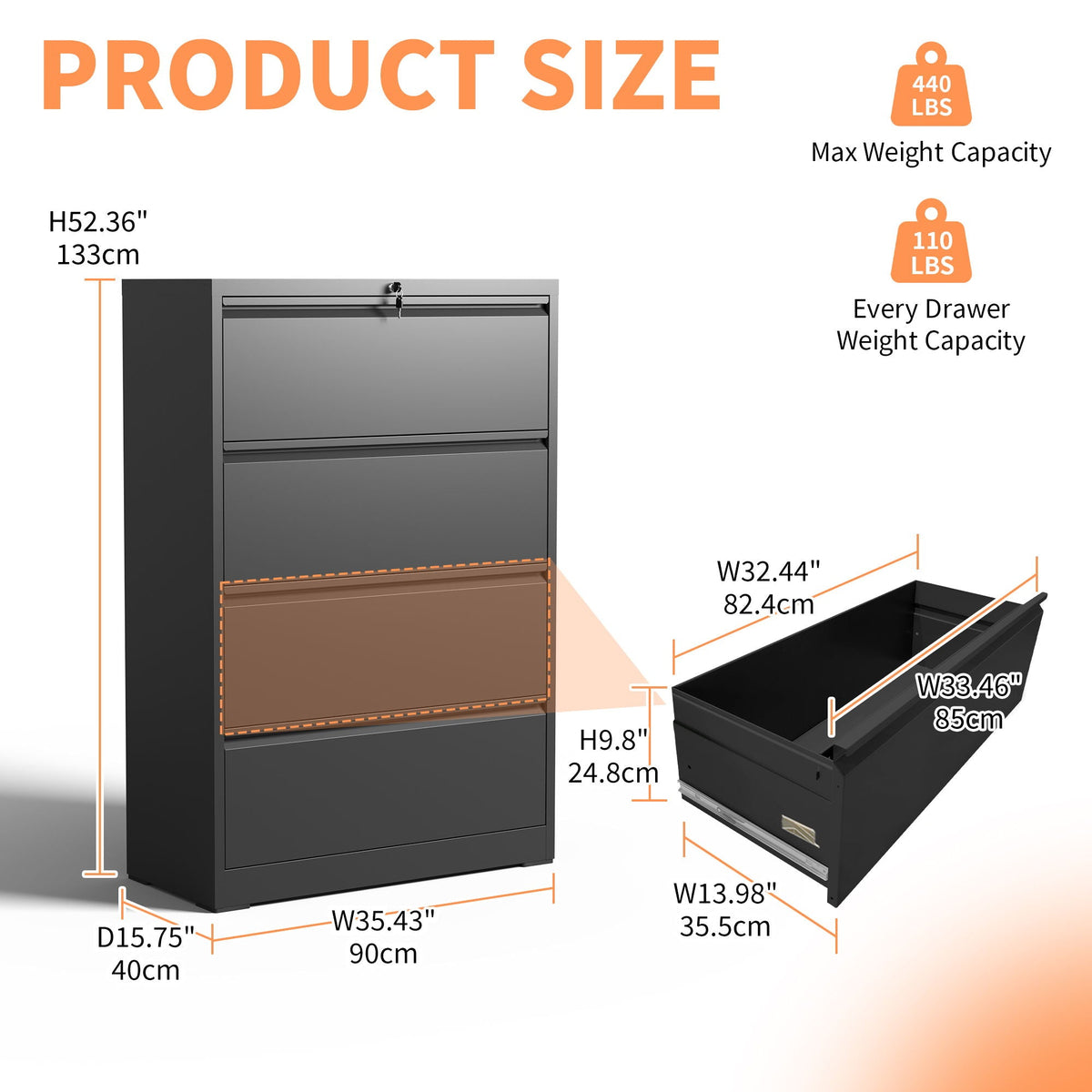 HouseOfZazla premium drawer metal lateral file cabinet with lock in black or white on Tampa Home & Garden Store