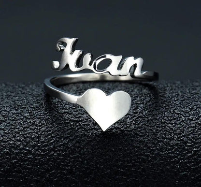 Custom name Nan ring with heart accent in silver stainless steel, two-piece ring set on Tampa Home & Garden Store