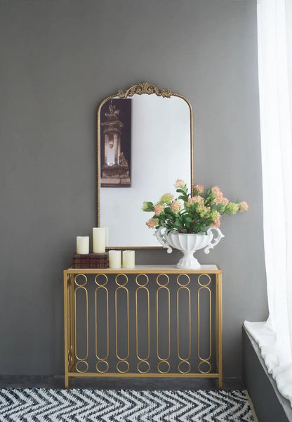 Arch Mirror with ornate antique-gold Baroque frame, wall decor for living spaces on Tampa Home & Garden Store