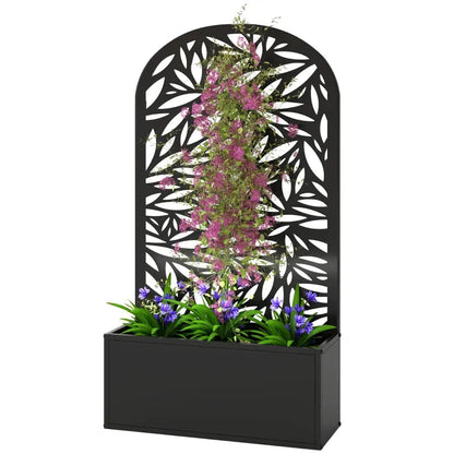 Curved raised garden bed planter in black metal with a leaf trellis and flowering vines on Tampa Home & Garden Store
