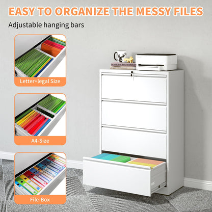 Lateral file cabinet with locking, white metal, four drawers and rainbow hanging folders on Tampa Home & Garden Store