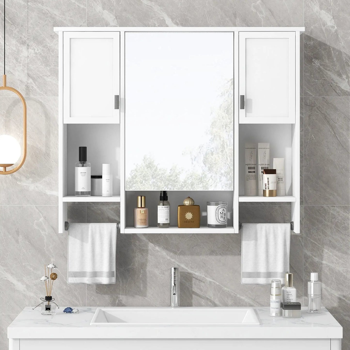 Wall mounted medicine cabinet with mirror, white finish by Unique Piece Furniture with towel bar on Tampa Home & Garden Store