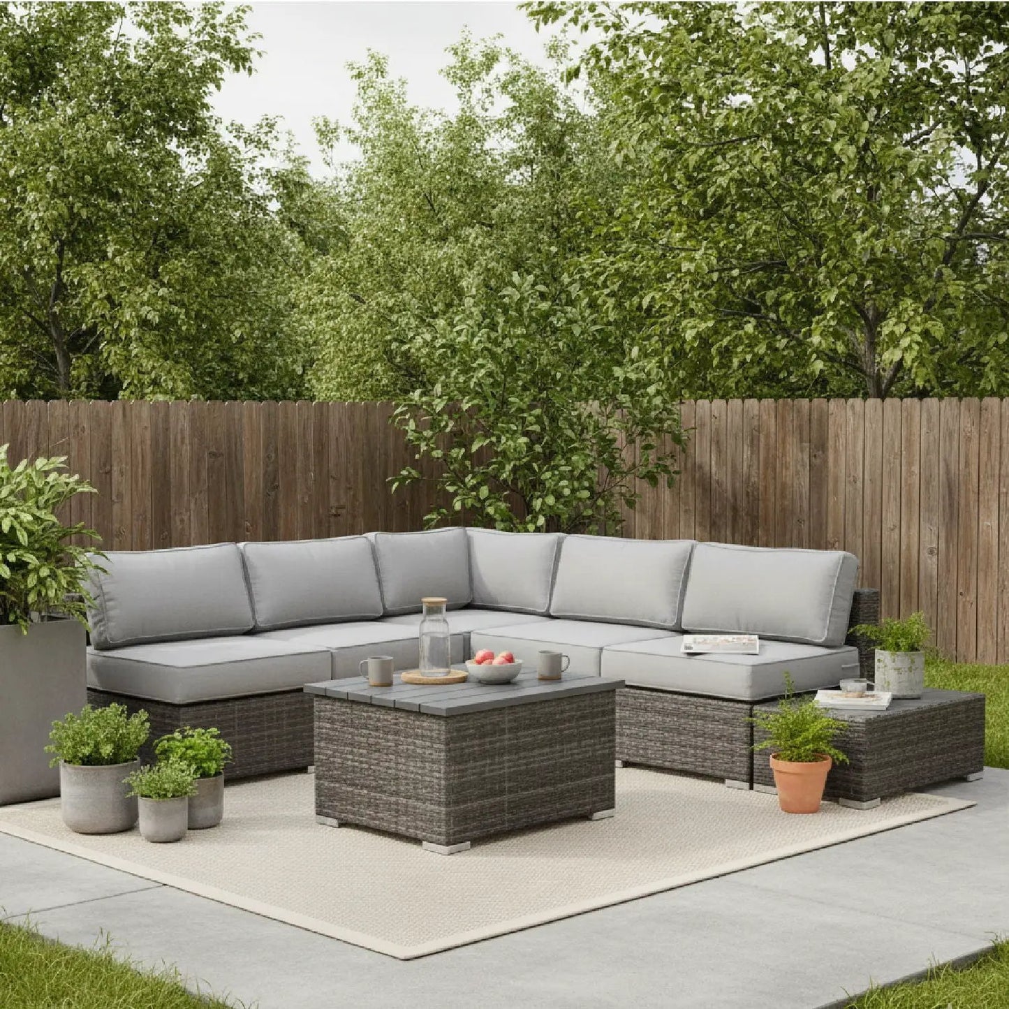 Stylish Entertainment Sectional Set 3-piece outdoor with gray cushions and brown wicker, coffee table on beige rug on Tampa Home & Garden Store