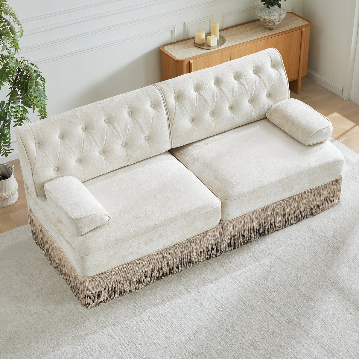 Soft Velvet Chesterfield Style Sofa cream loveseat with tufted back and fringe HouseOfZazla on Tampa Home & Garden Store
