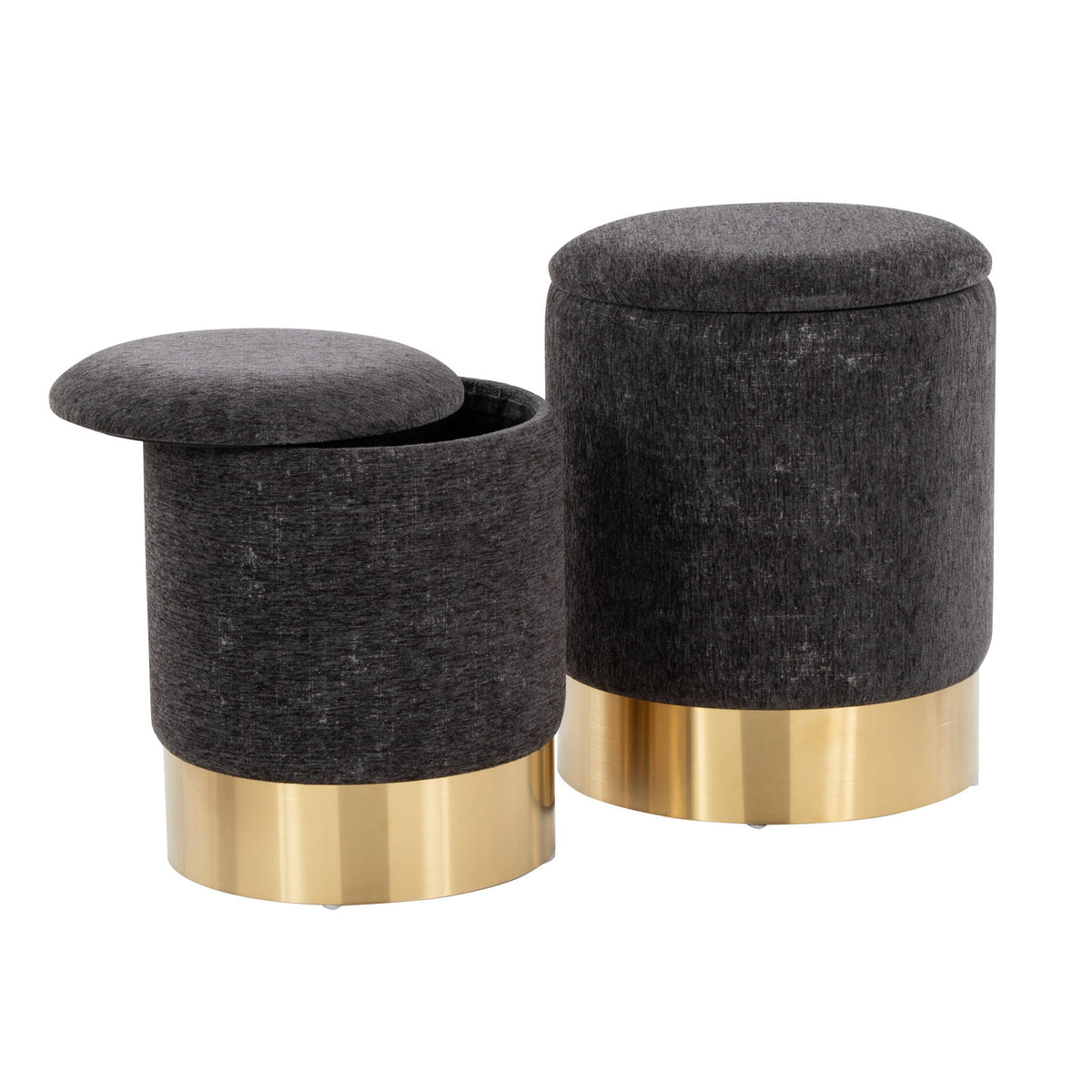 HouseOfZazla nesting ottomans set with charcoal fabric tops and gold metal bases, 2-piece on Tampa Home & Garden Store