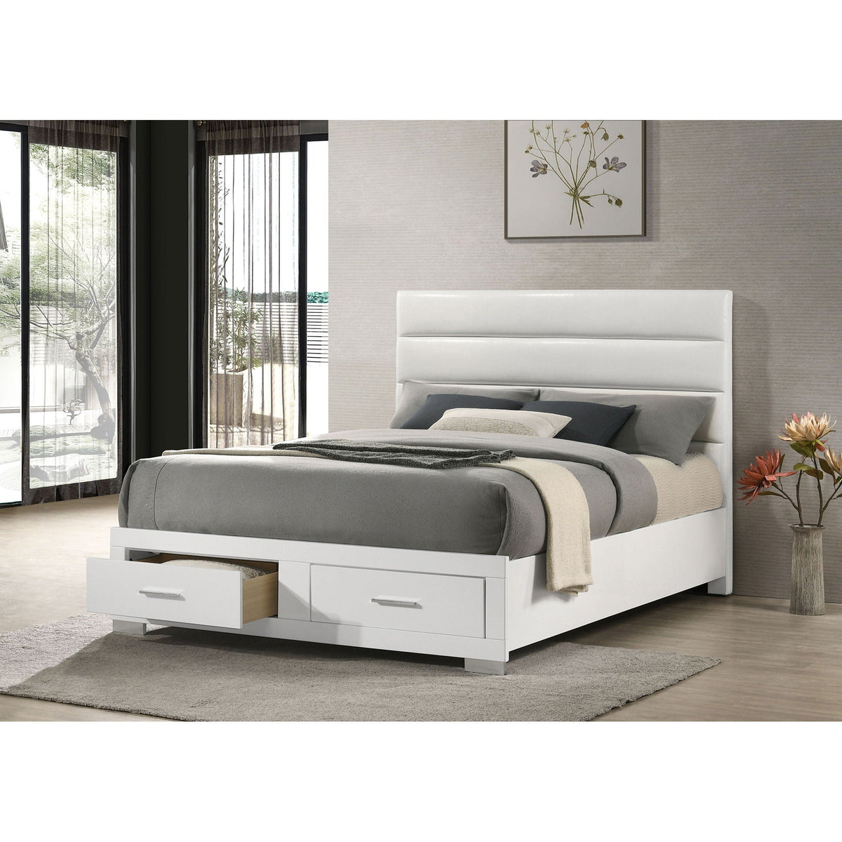 Dulcey storage bed by HouseOfZazla, white finish with 2 under-bed drawers and gray bedding on Tampa Home & Garden Store