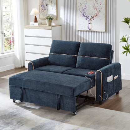 Sleeper loveseat in navy velvet with pull-out bed, adjustable backrest, USB ports, side pockets on Tampa Home & Garden Store