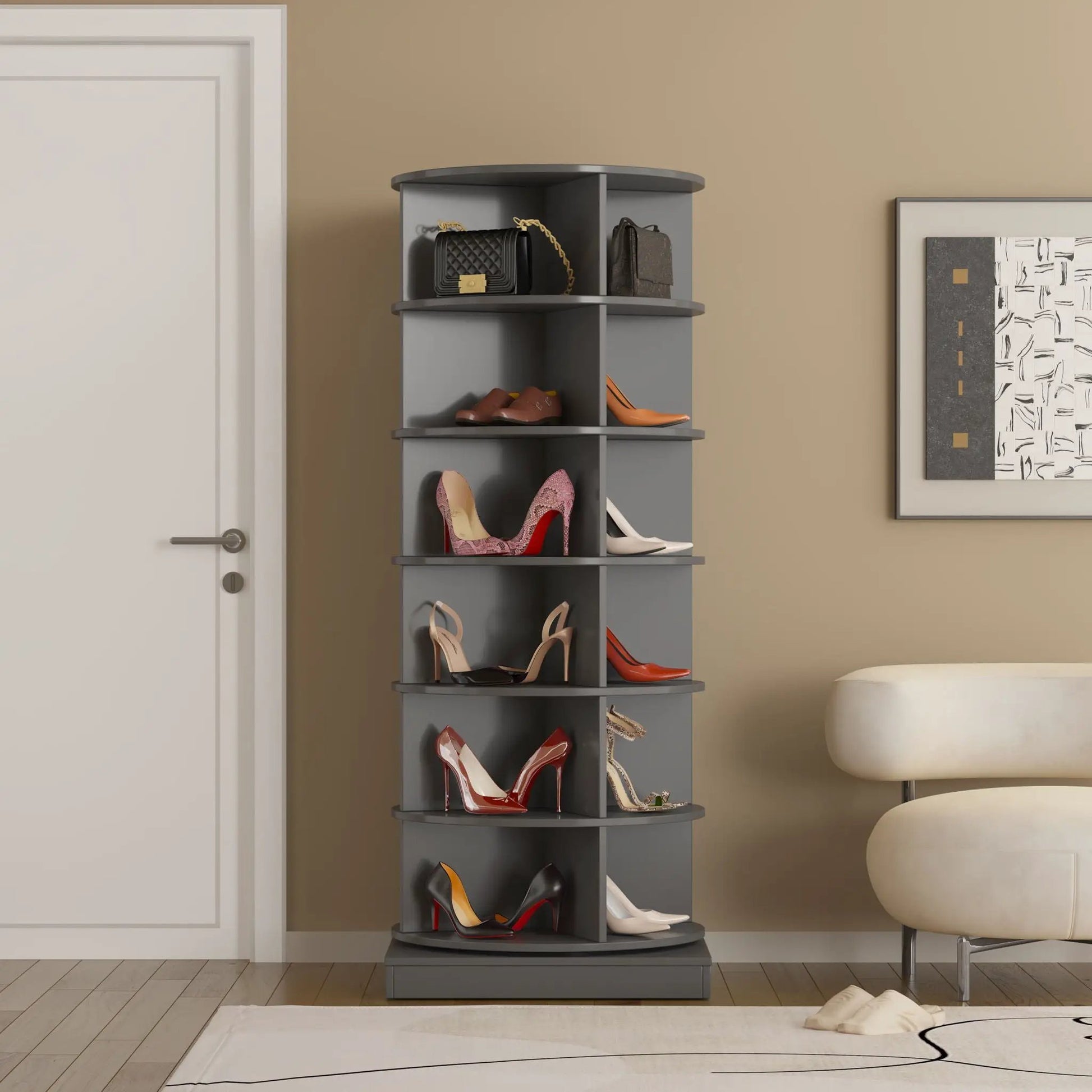 360 Rotating Shoe Cabinet 6 Layers in gray by Unique Piece Furniture with open shelves on Tampa Home & Garden Store
