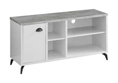 TV stand with concrete top, white cabinet, open shelves and a left cabinet with a black pull on Tampa Home & Garden Store