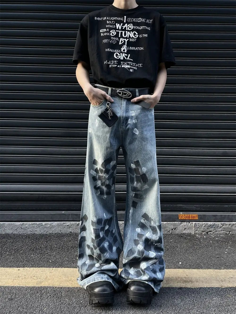 Men's slightly flared wide-leg jeans in light-wash denim with paint-splatter, FLIPSTYLEZLLC on Tampa Home & Garden Store