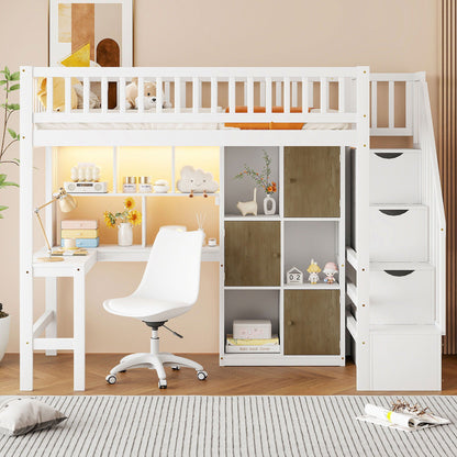 Loft bed with built-in L-shaped desk white, stairs and storage cabinets HouseOfZazla on Tampa Home & Garden Store