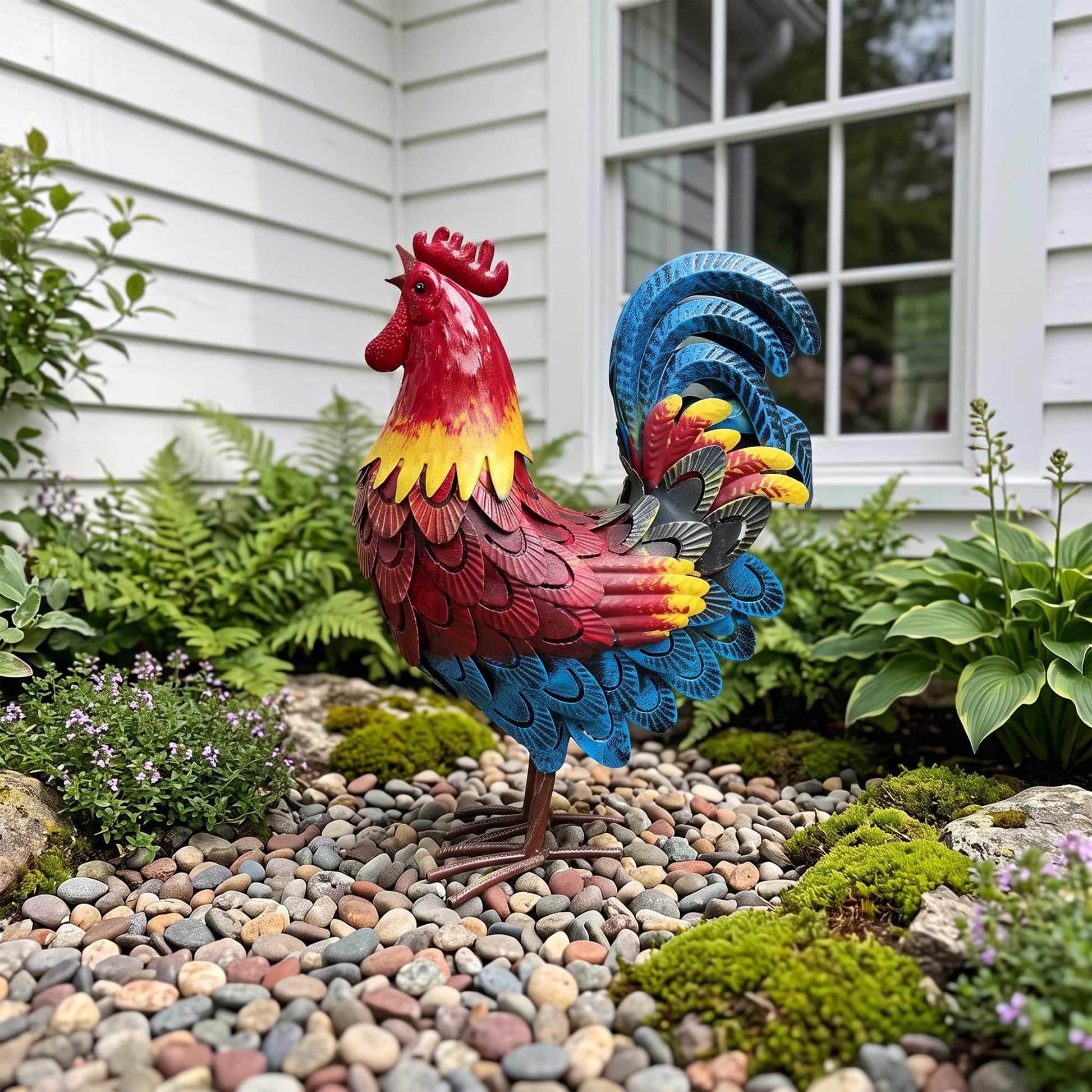 Wrought-Iron Rooster Garden Statue in vivid red with yellow chest and blue tail for outdoor use on Tampa Home & Garden Store