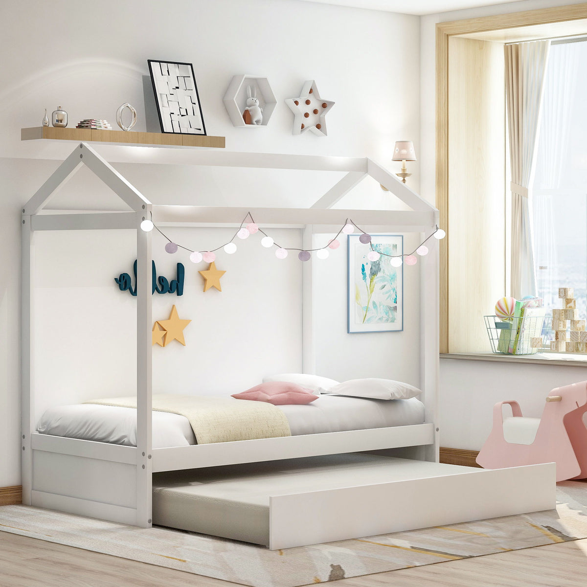 House bed with trundle twin white frame with under-bed storage in a kid’s room on Tampa Home & Garden Store