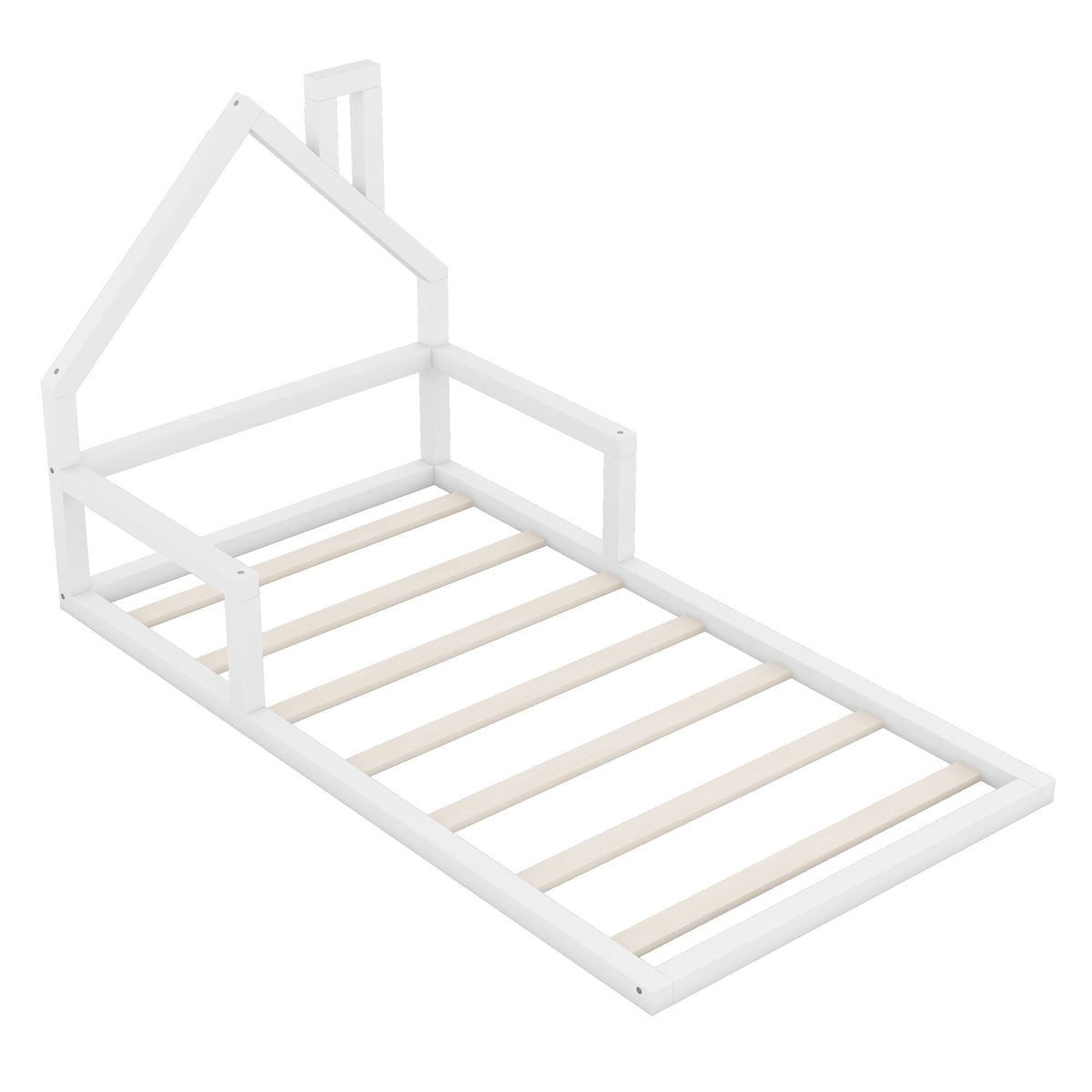 Floor bed with house-shaped headboard by HouseOfZazla, white platform bed frame with slats on Tampa Home & Garden Store