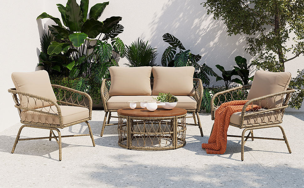 Bohemia-Inspired 4-Person Outdoor Seating Group with beige removable cushions, woven rattan on Tampa Home & Garden Store