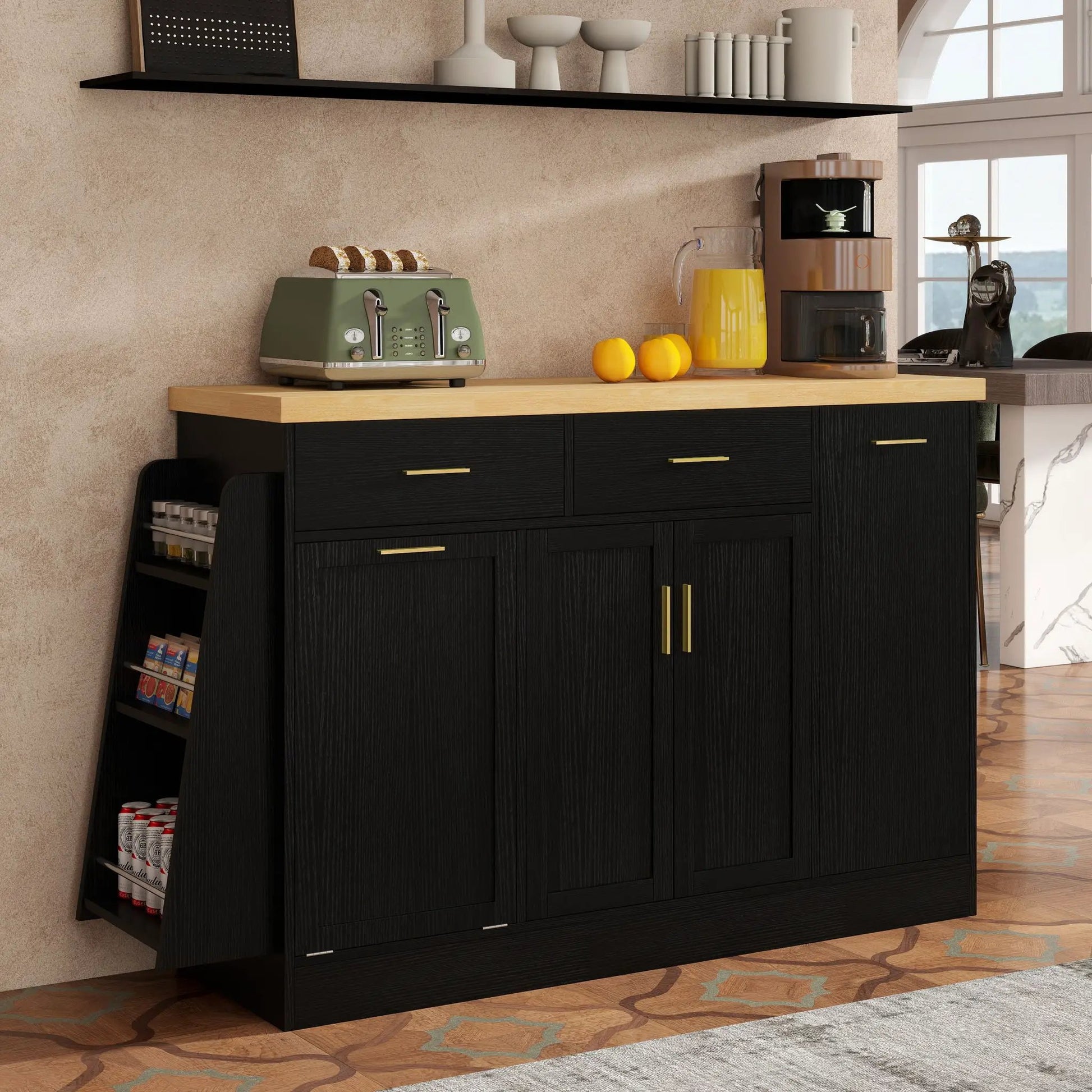 Kitchen sideboard with sliding doors, black finish and 3-tier spice rack on Tampa Home & Garden Store