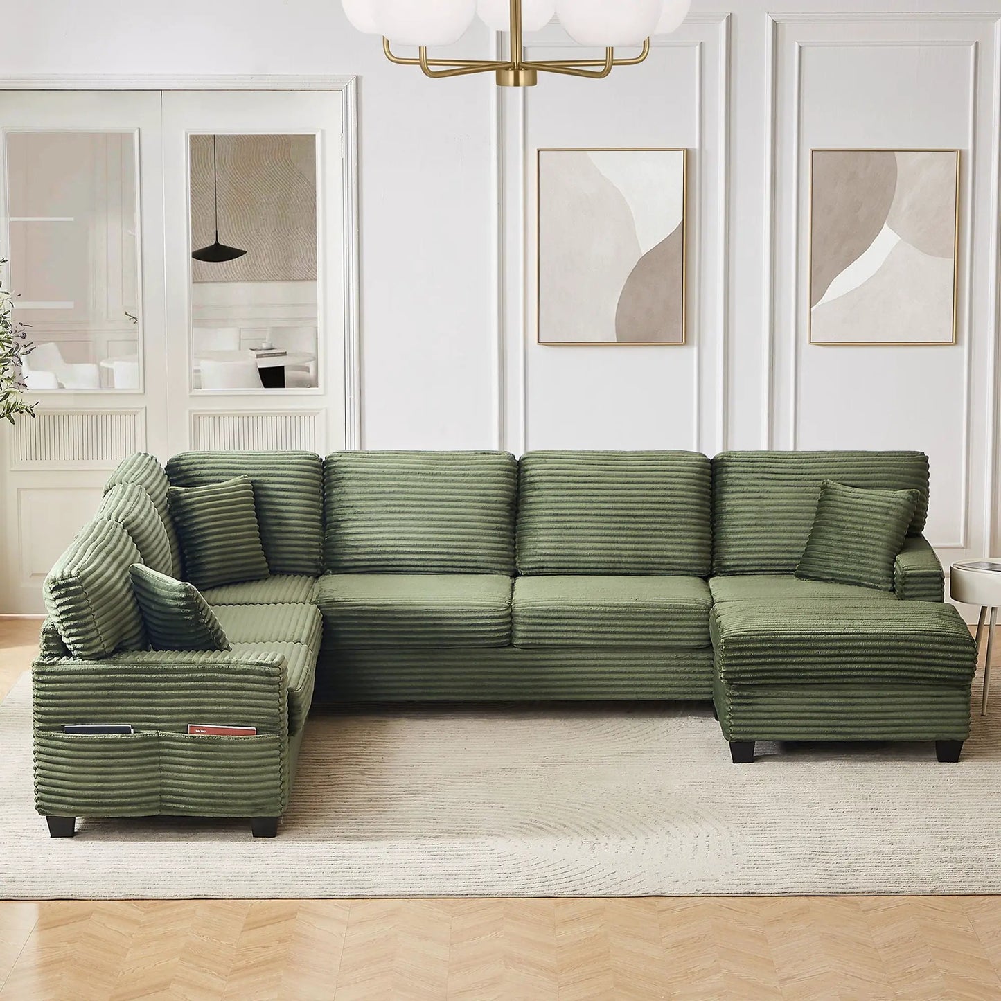 U-shaped green corduroy sectional with movable ottoman and side pockets, 2-piece set on Tampa Home & Garden Store
