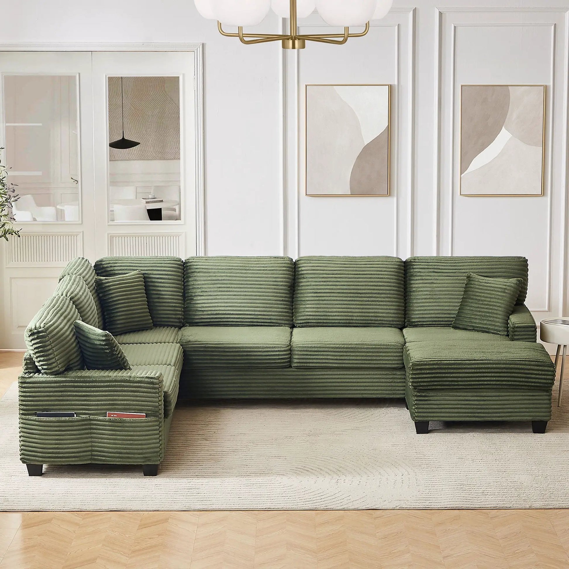 U-shaped green corduroy sectional with movable ottoman and side pockets, 2-piece set on Tampa Home & Garden Store