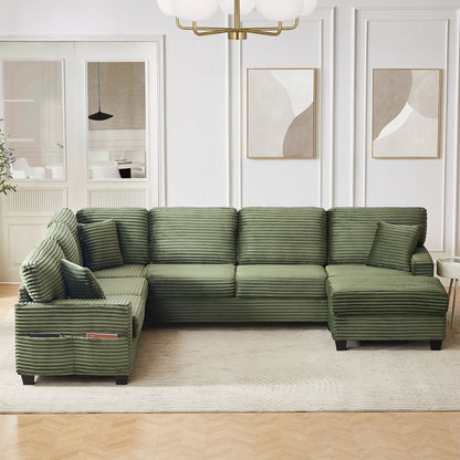 U-shaped green corduroy sectional with movable ottoman and side pockets, 2-piece set on Tampa Home & Garden Store