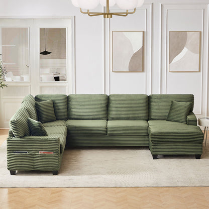 Upholstered U-Shaped Sectional Sofa by HouseOfZazla in green fabric with movable ottoman, 2pc set on Tampa Home & Garden Store