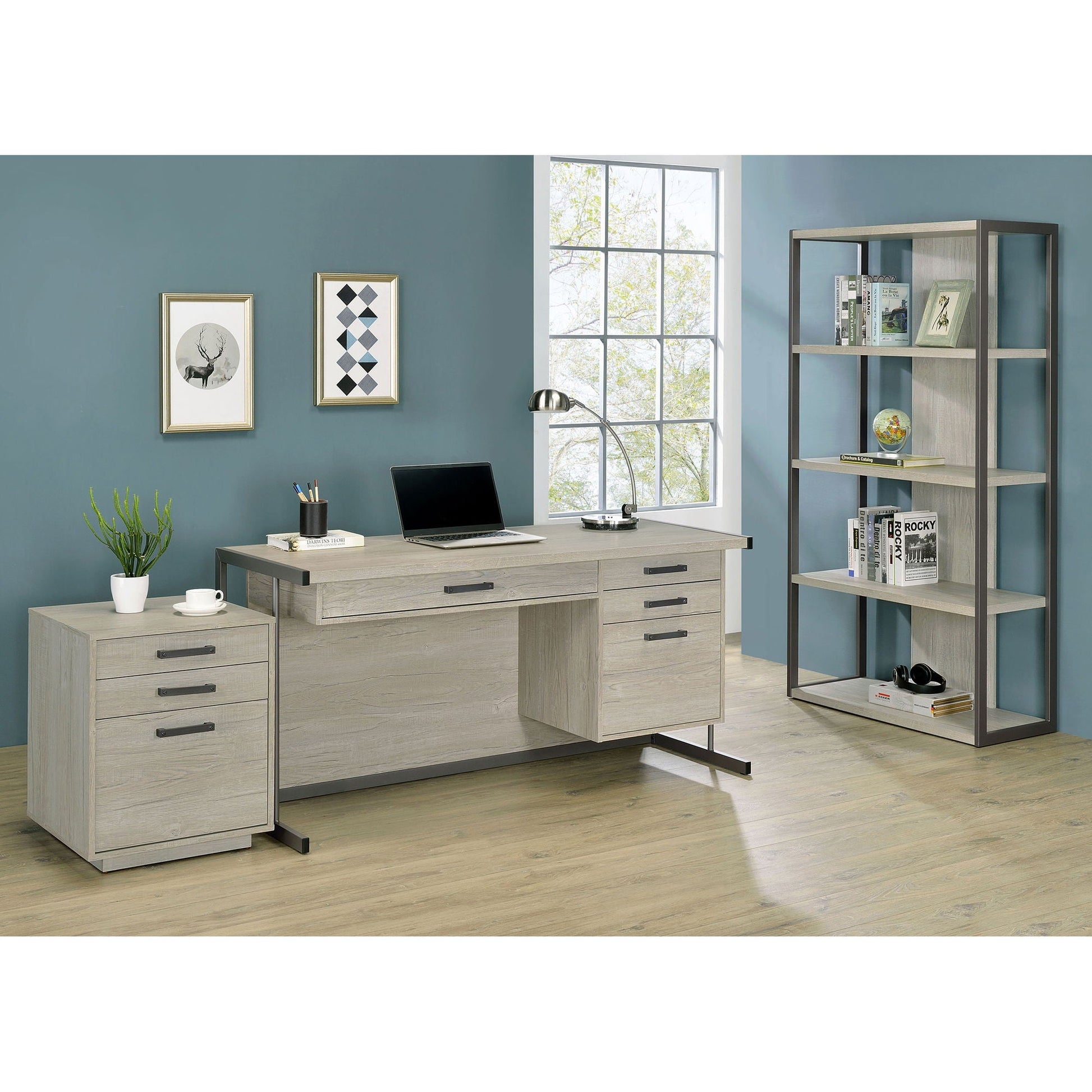 Brisley office desk beige-gray wood with adjustable keyboard tray and 3 drawers, bookshelf on Tampa Home & Garden Store