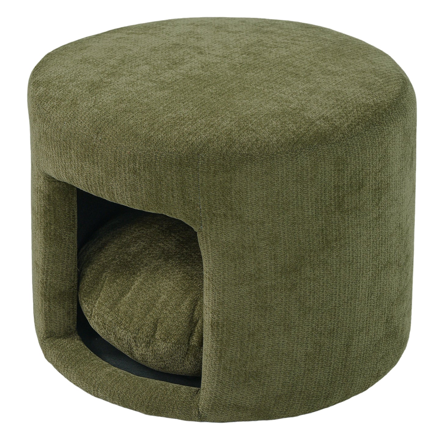 Ottoman green pet-friendly with removable cushion and hidden pet nook in olive green fabric on Tampa Home & Garden Store